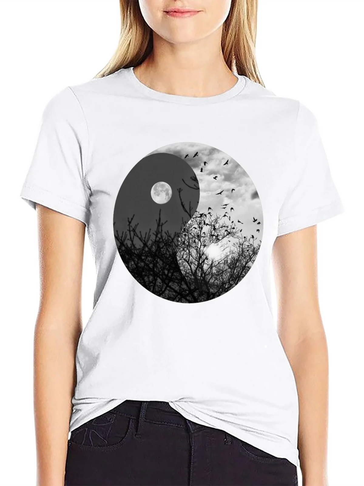 Yin Yang Moon & Birds Graphic T-Shirt product image 5