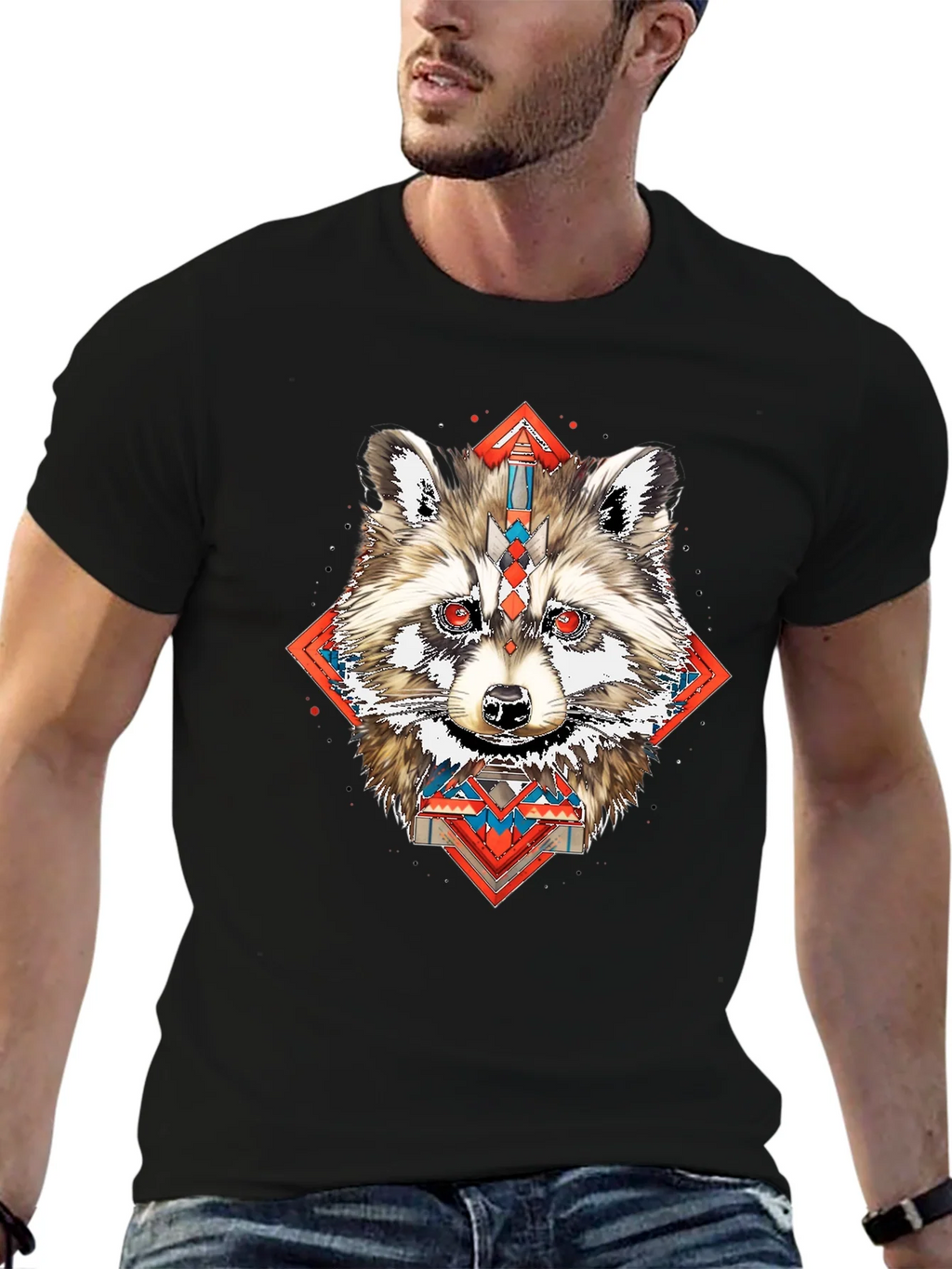 Raccoon Geometric Print Black T-Shirt product image 4