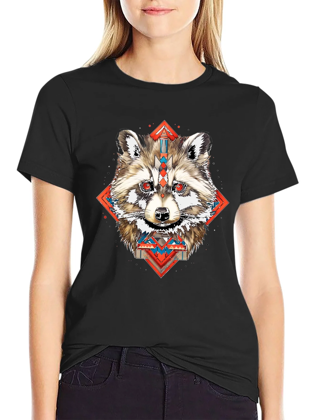 Raccoon Geometric Print Black T-Shirt product image 1