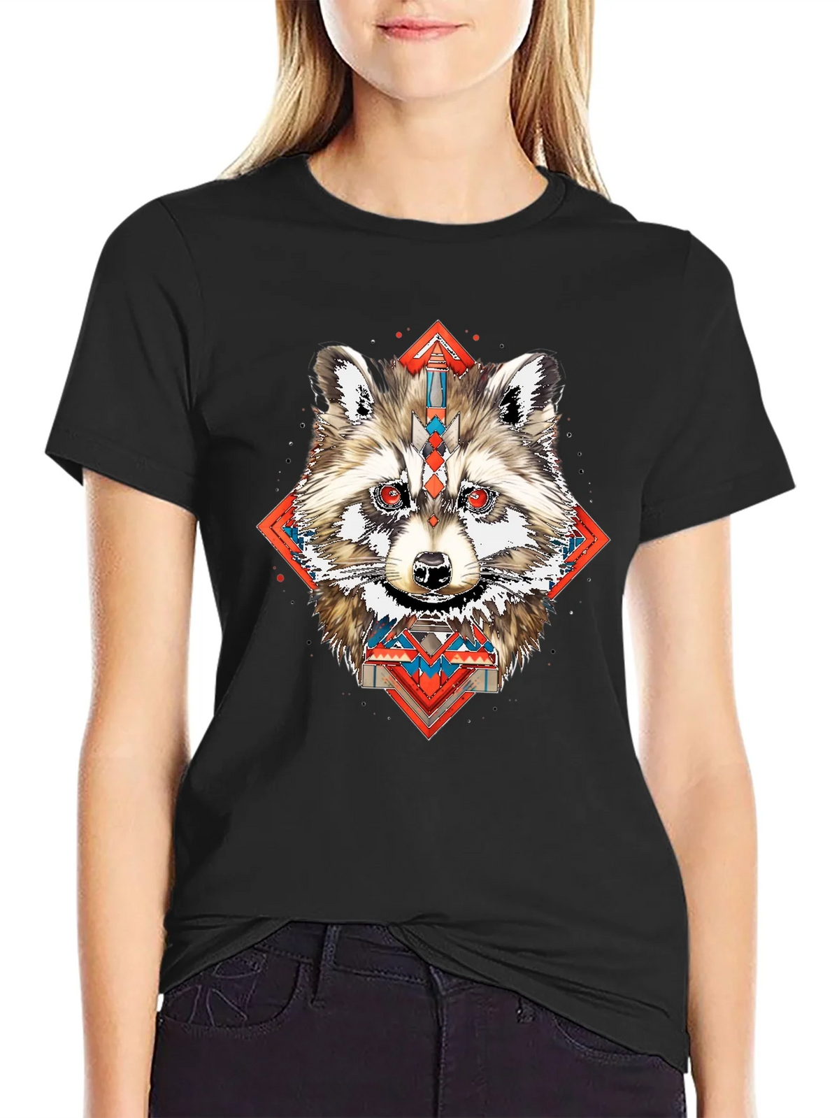 Raccoon Geometric Print Black T-Shirt product image 1
