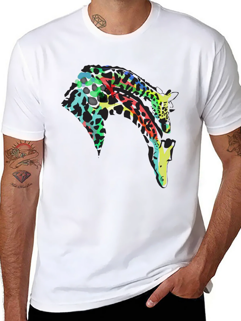 Colorful Giraffe Print Black T-Shirt product image 7