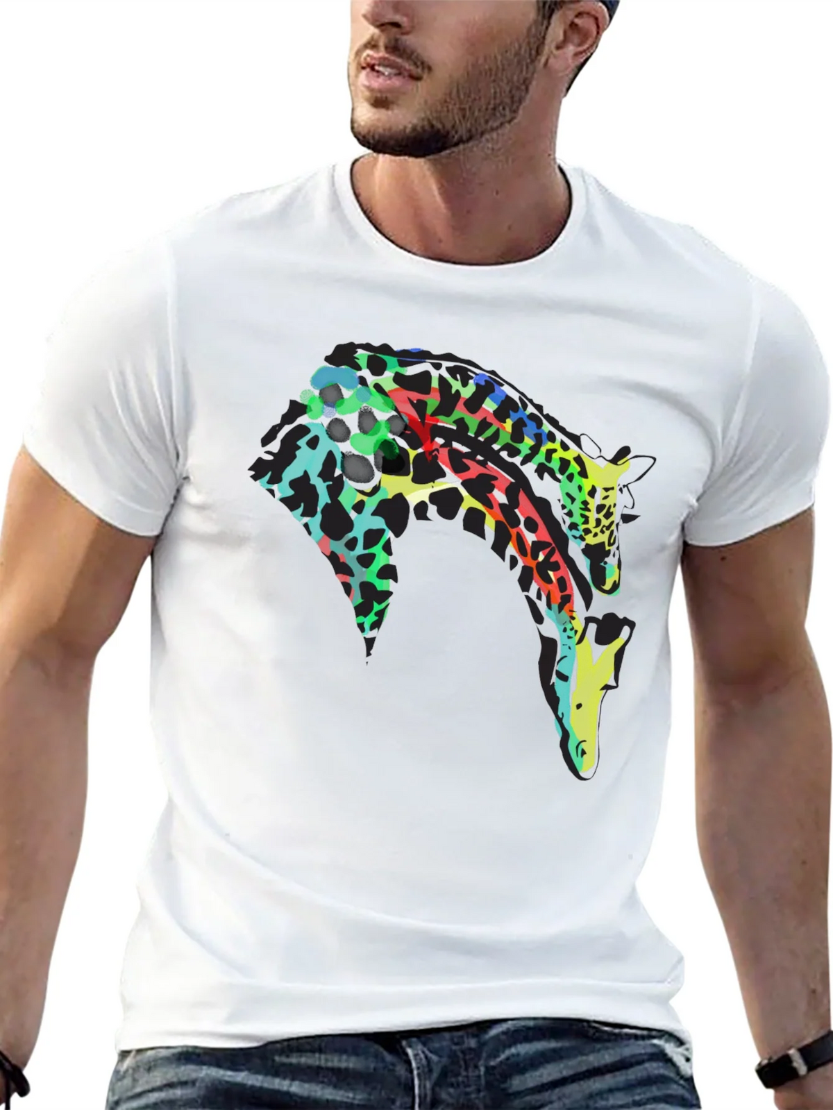 Colorful Giraffe Print Black T-Shirt product image 12