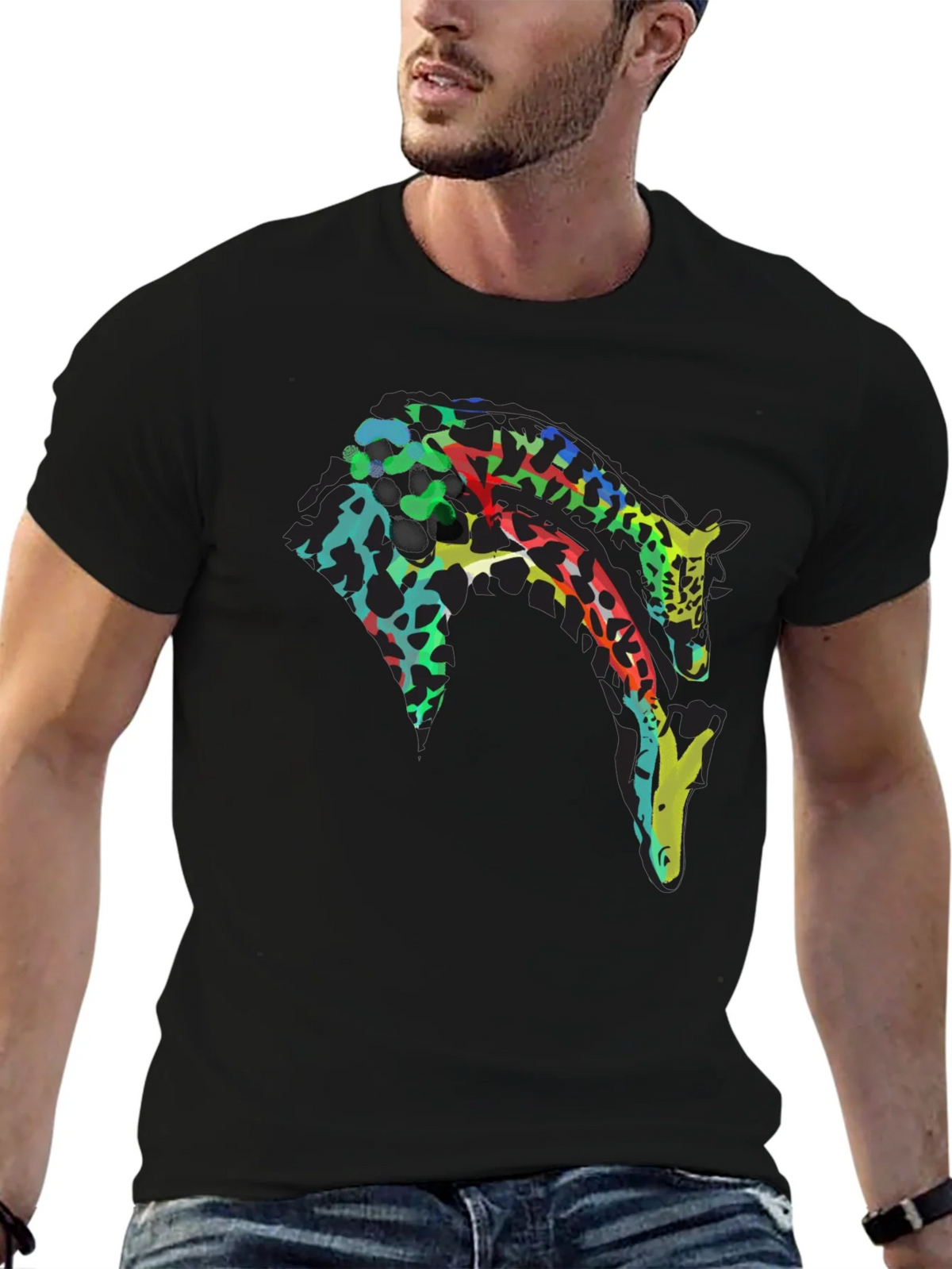 Colorful Giraffe Print Black T-Shirt product image 6