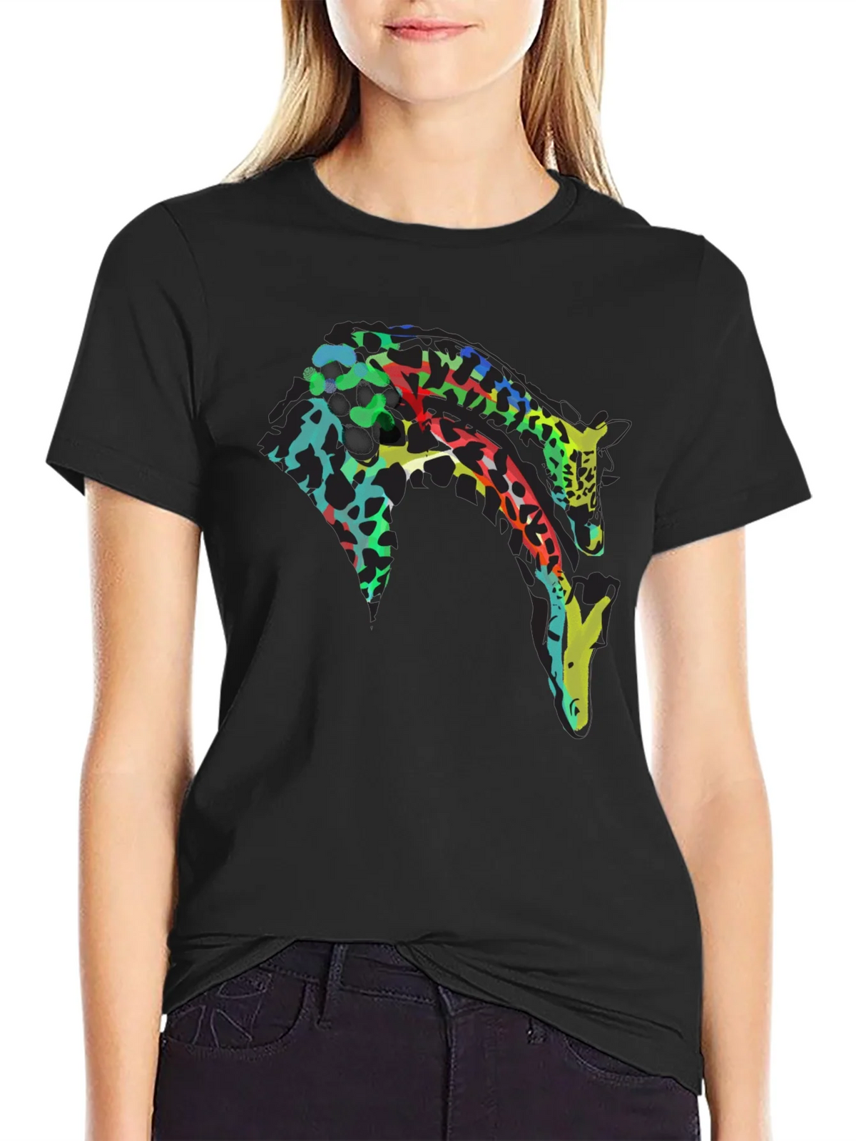 Colorful Giraffe Print Black T-Shirt product image 2