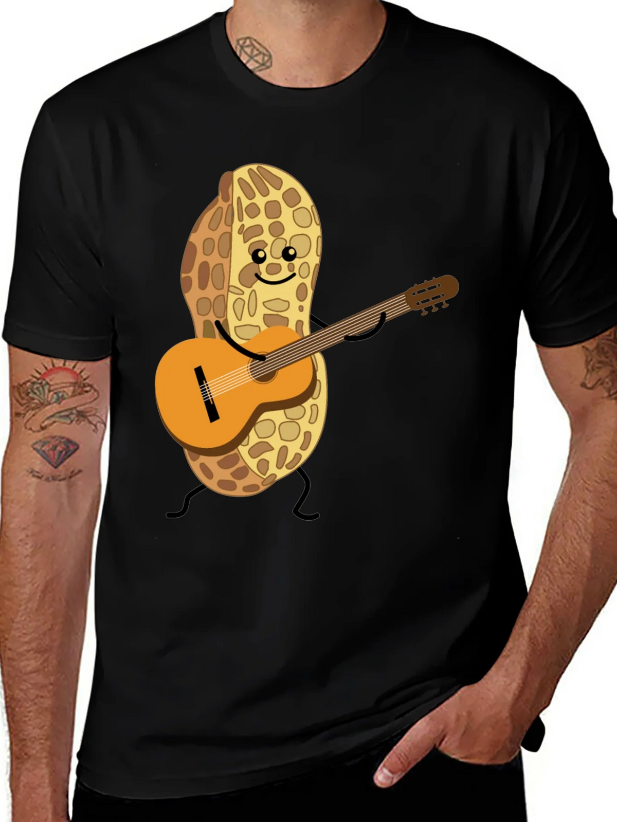 Playful Peanut Guitarist Graphic Tee - Black Cotton Shirt product image 1