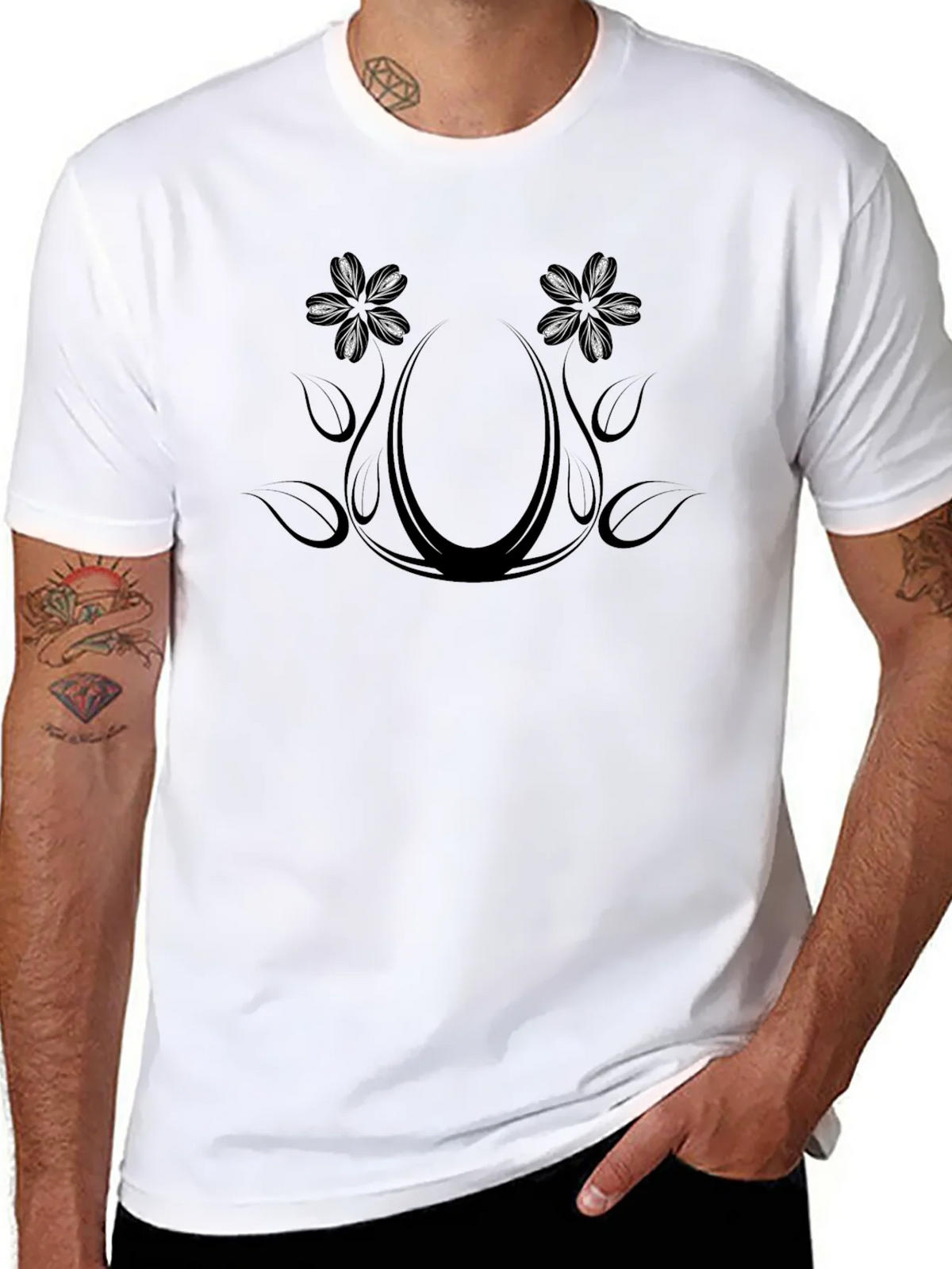 Floral Ornament Graphic Print Black Crew Neck T-Shirt product image 7