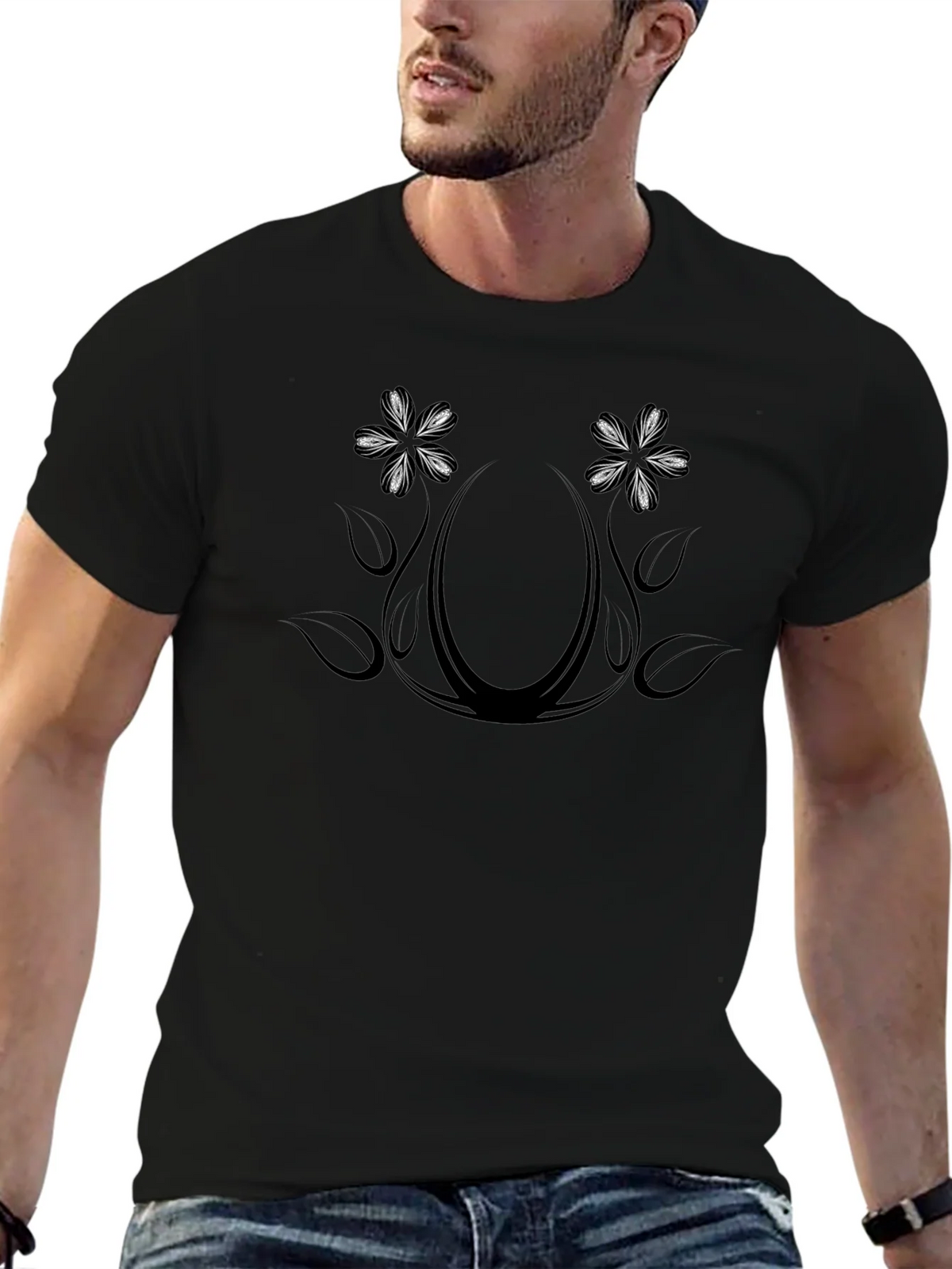 Floral Ornament Graphic Print Black Crew Neck T-Shirt product image 6