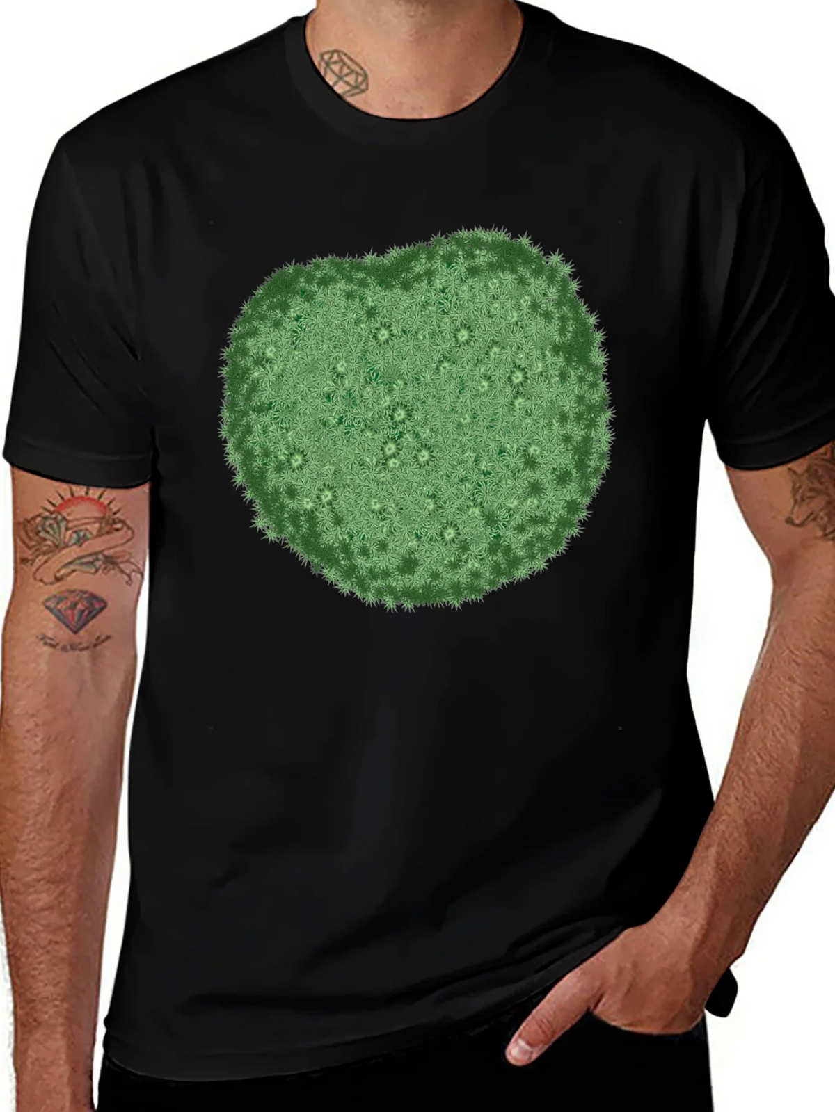 Unique Green Botanical Print Black T-Shirt product image 1
