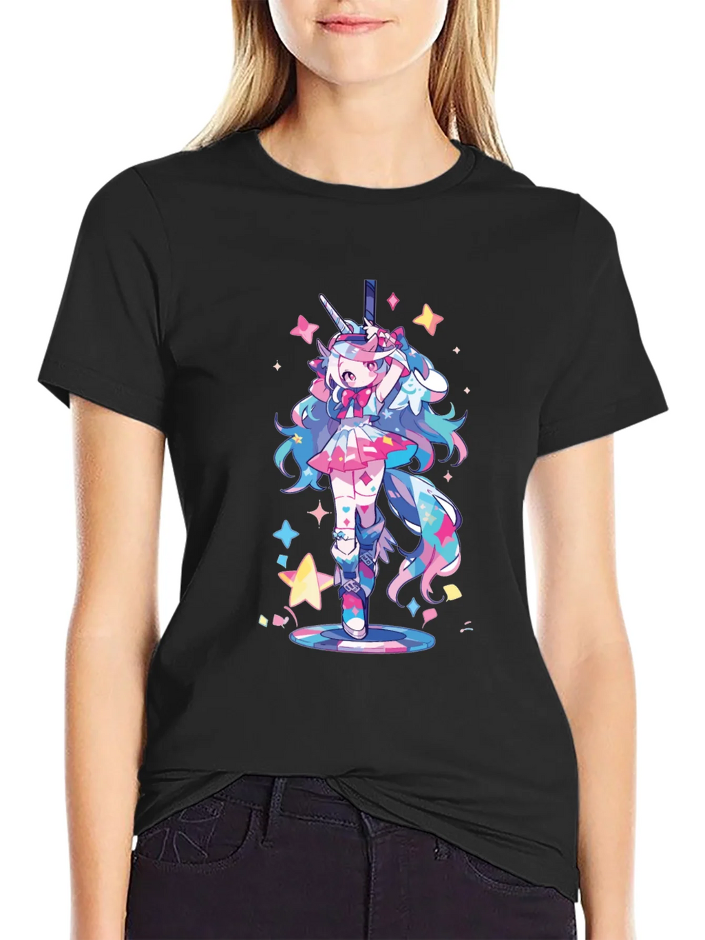 Unicorn Girl Graphic Tee - Black Cotton T-Shirt product image 2