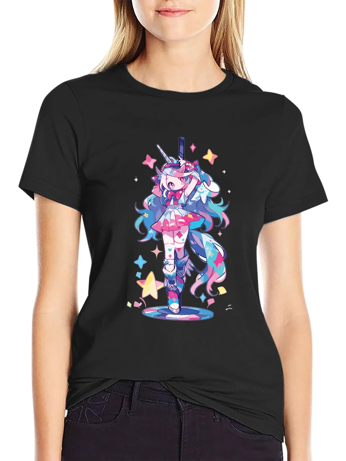 Unicorn Girl Graphic Tee - Black Cotton T-Shirt product image 2