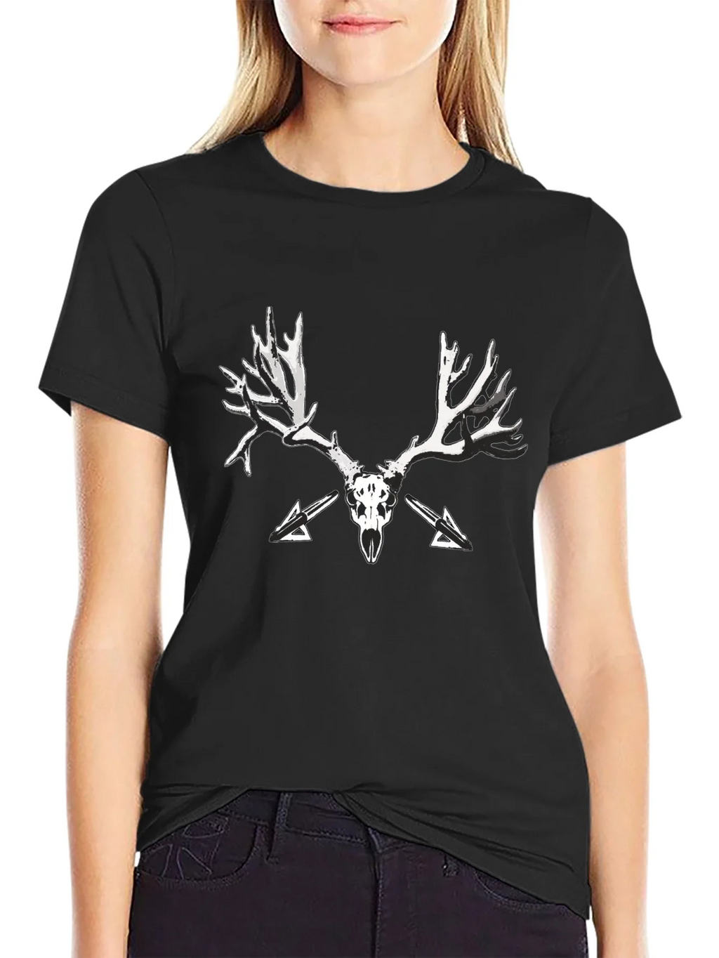 Black T-Shirt with Skull and Antler Graphic Print product image 2