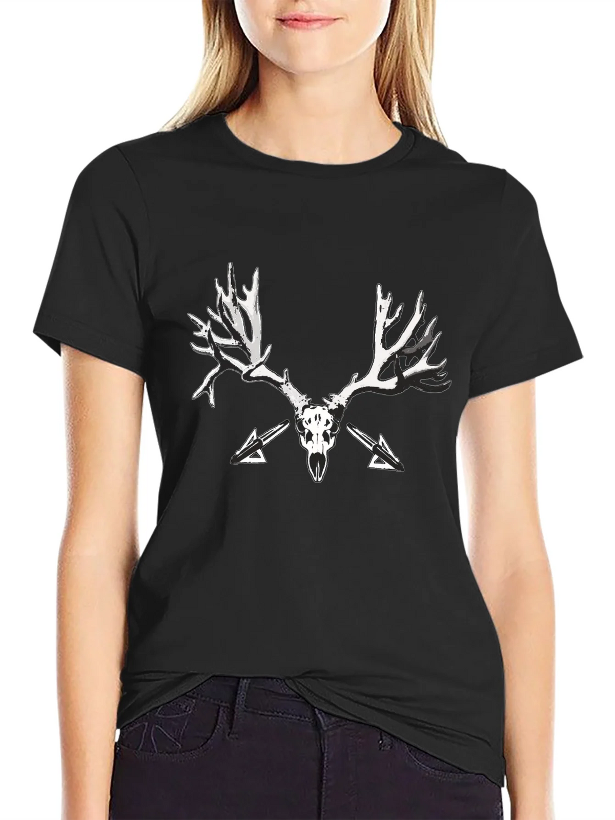 Black T-Shirt with Skull and Antler Graphic Print product image 2