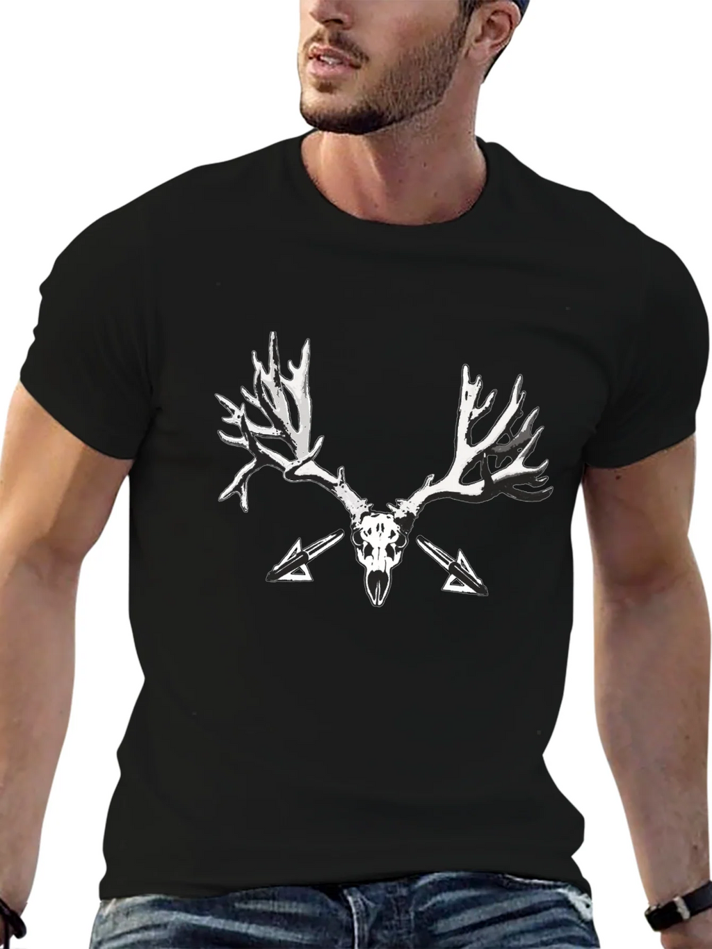 Black T-Shirt with Skull and Antler Graphic Print product image 5