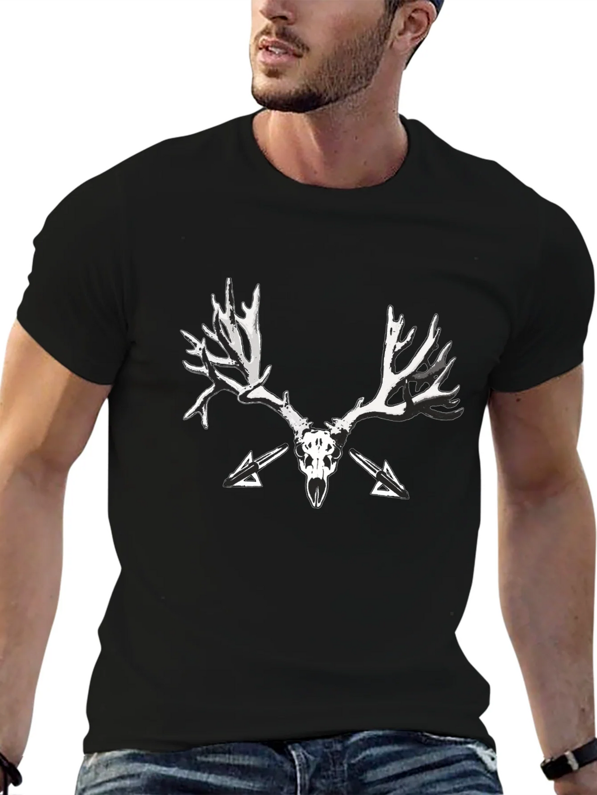 Black T-Shirt with Skull and Antler Graphic Print product image 5