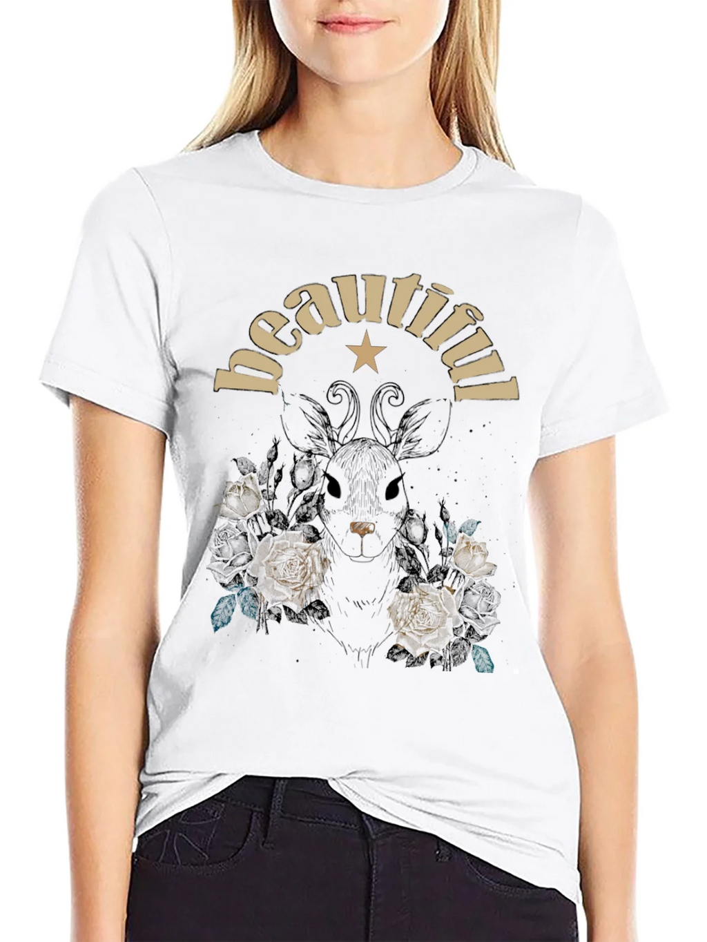 Beautiful Floral Deer Graphic Tee - Black Cotton Blend product image 8