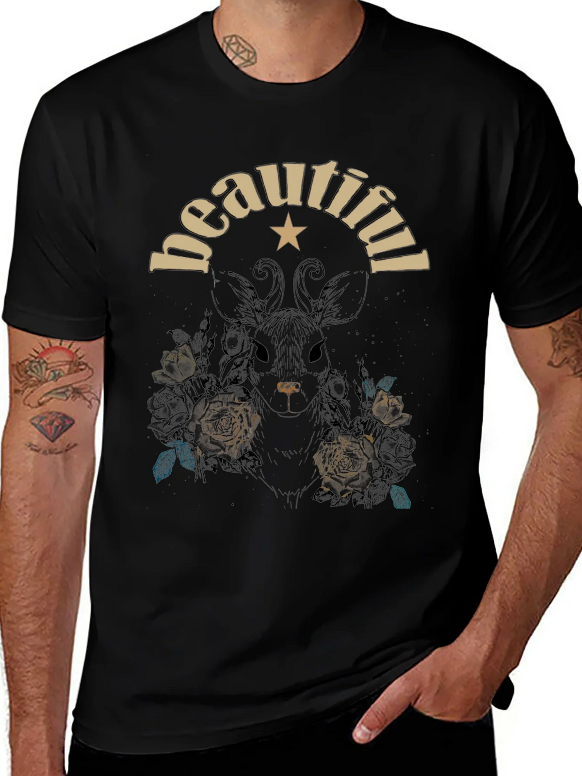 Beautiful Floral Deer Graphic Tee - Black Cotton Blend product image 1