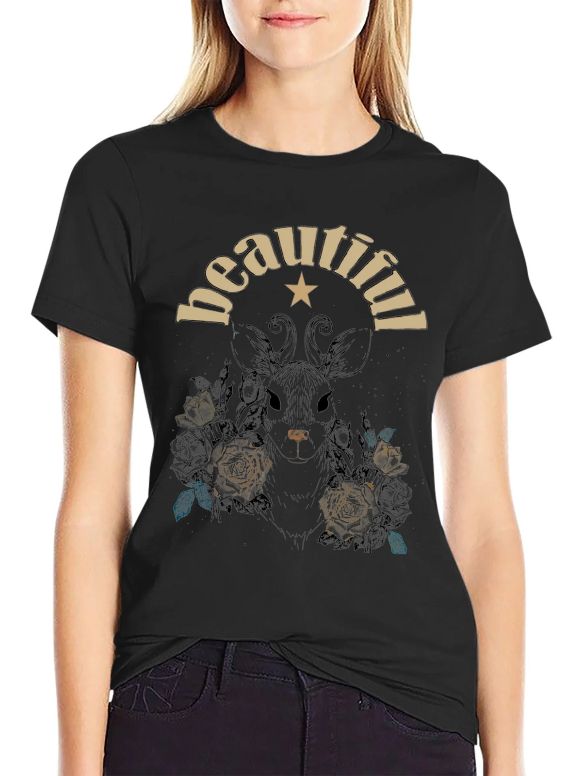 Beautiful Floral Deer Graphic Tee - Black Cotton Blend product image 2