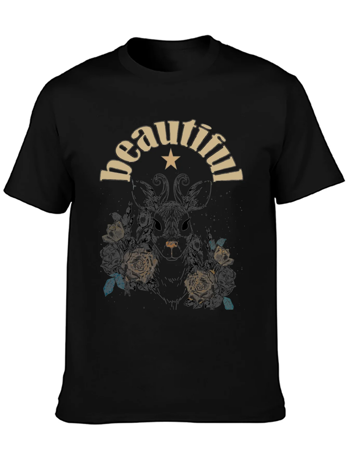 Beautiful Floral Deer Graphic Tee - Black Cotton Blend product image 3