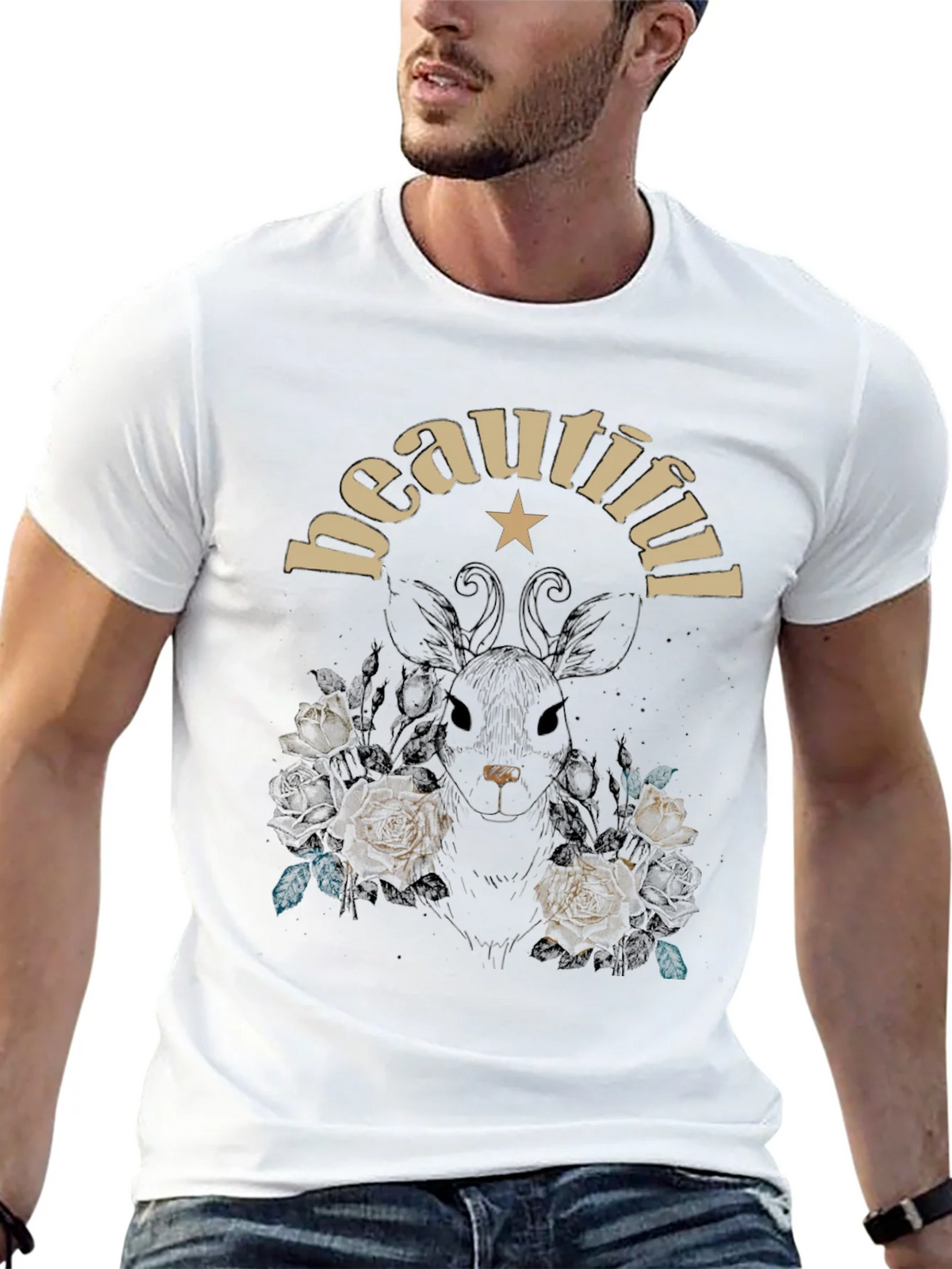 Beautiful Floral Deer Graphic Tee - Black Cotton Blend product image 12