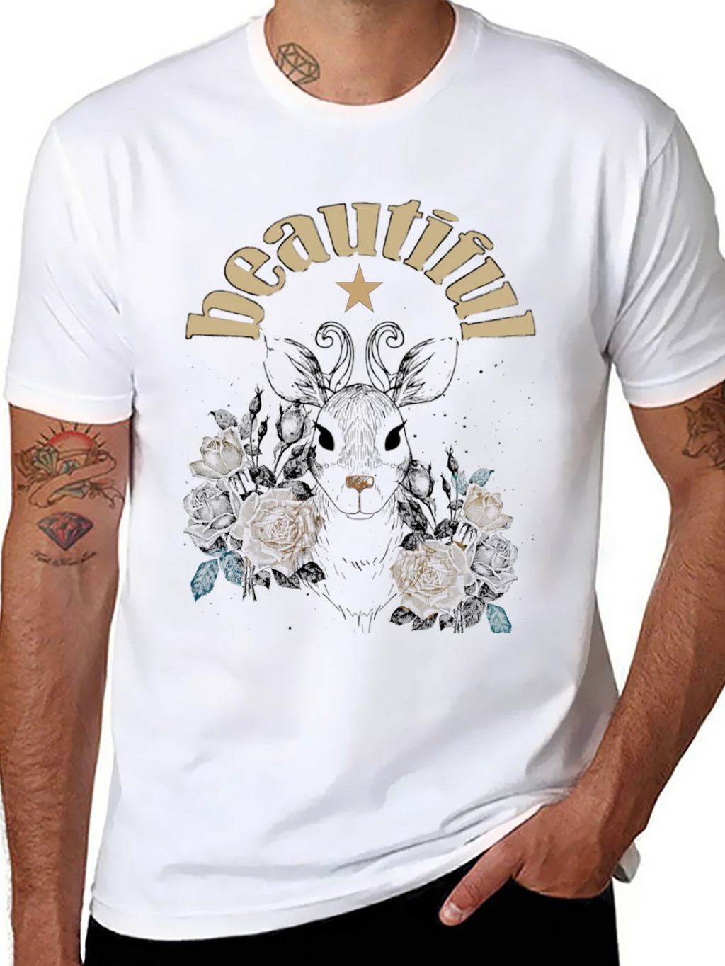 Beautiful Floral Deer Graphic Tee - Black Cotton Blend product image 7