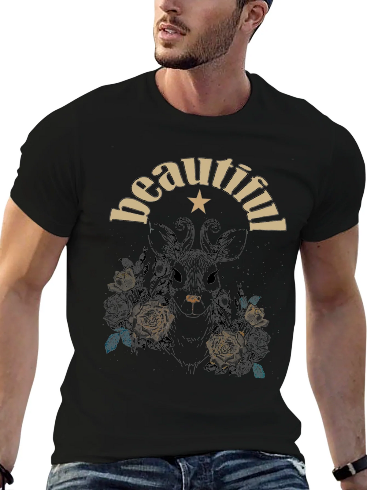 Beautiful Floral Deer Graphic Tee - Black Cotton Blend product image 6