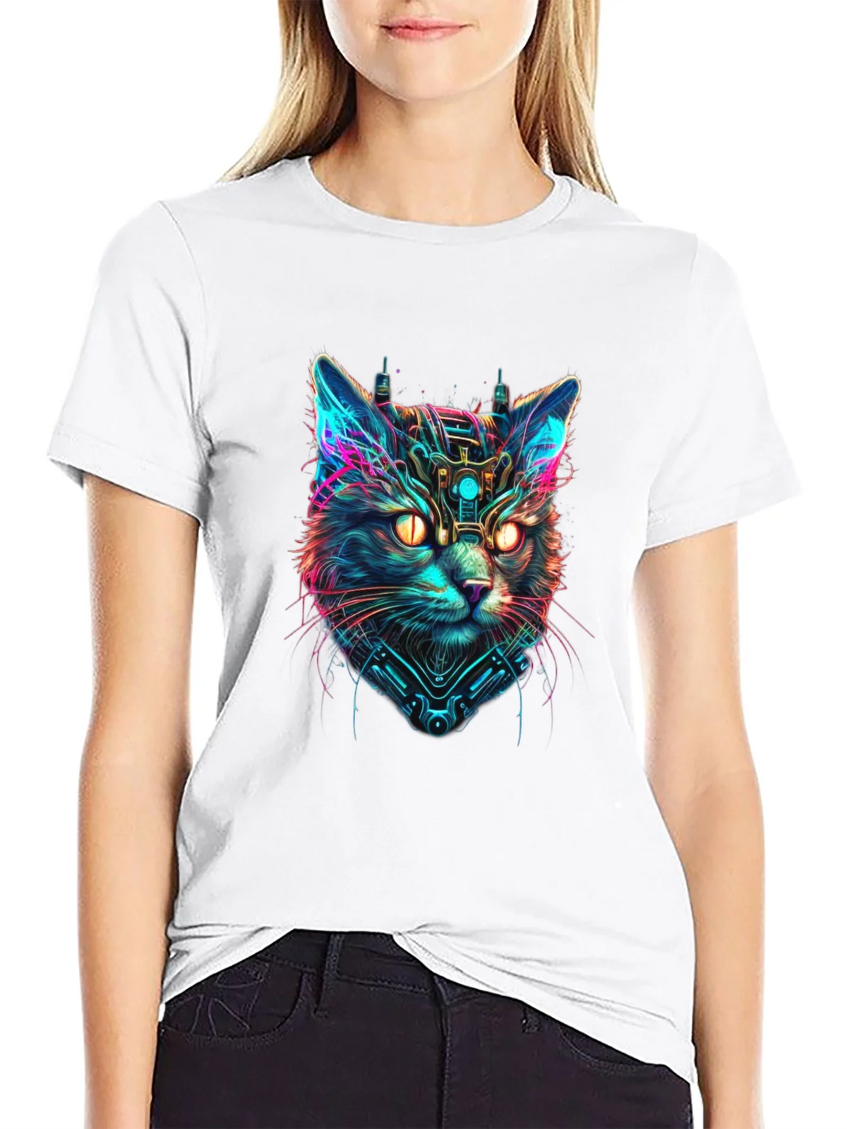 Cyberpunk Cat Graphic Black T-Shirt product image 8