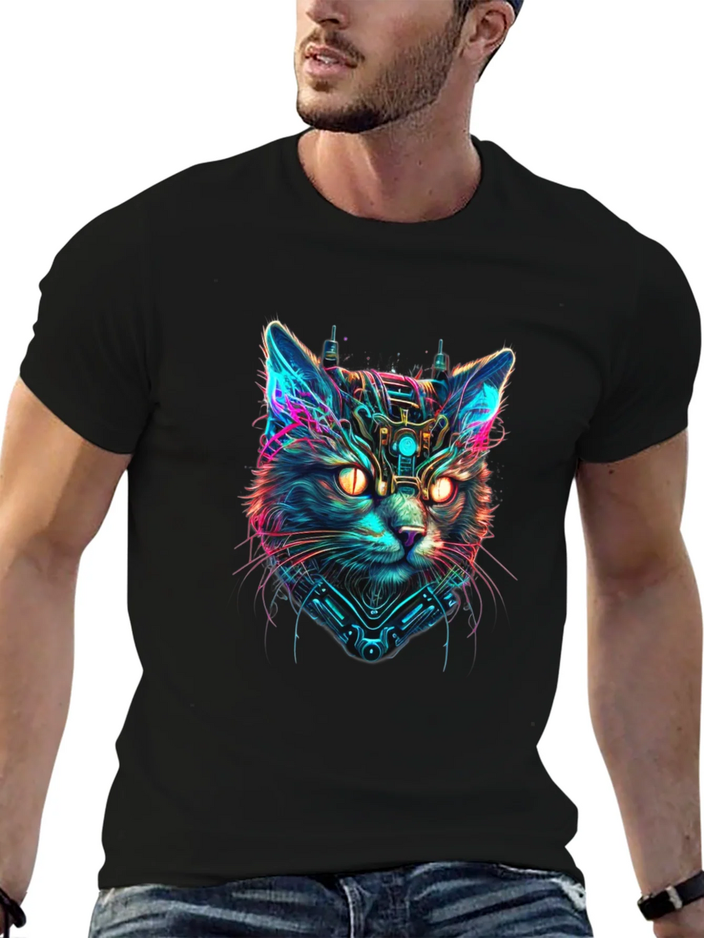 Cyberpunk Cat Graphic Black T-Shirt product image 6