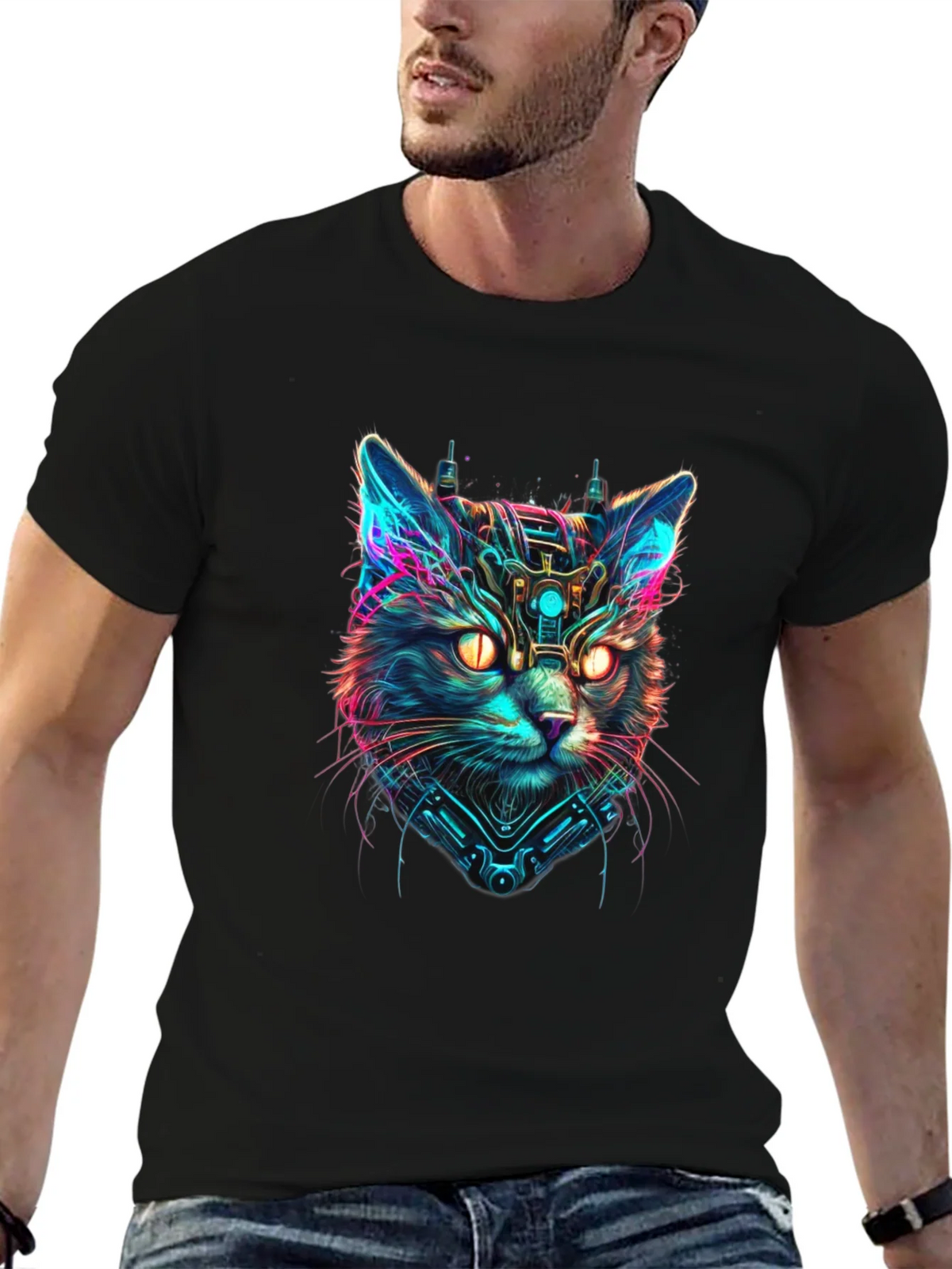 Cyberpunk Cat Graphic Black T-Shirt product image 6