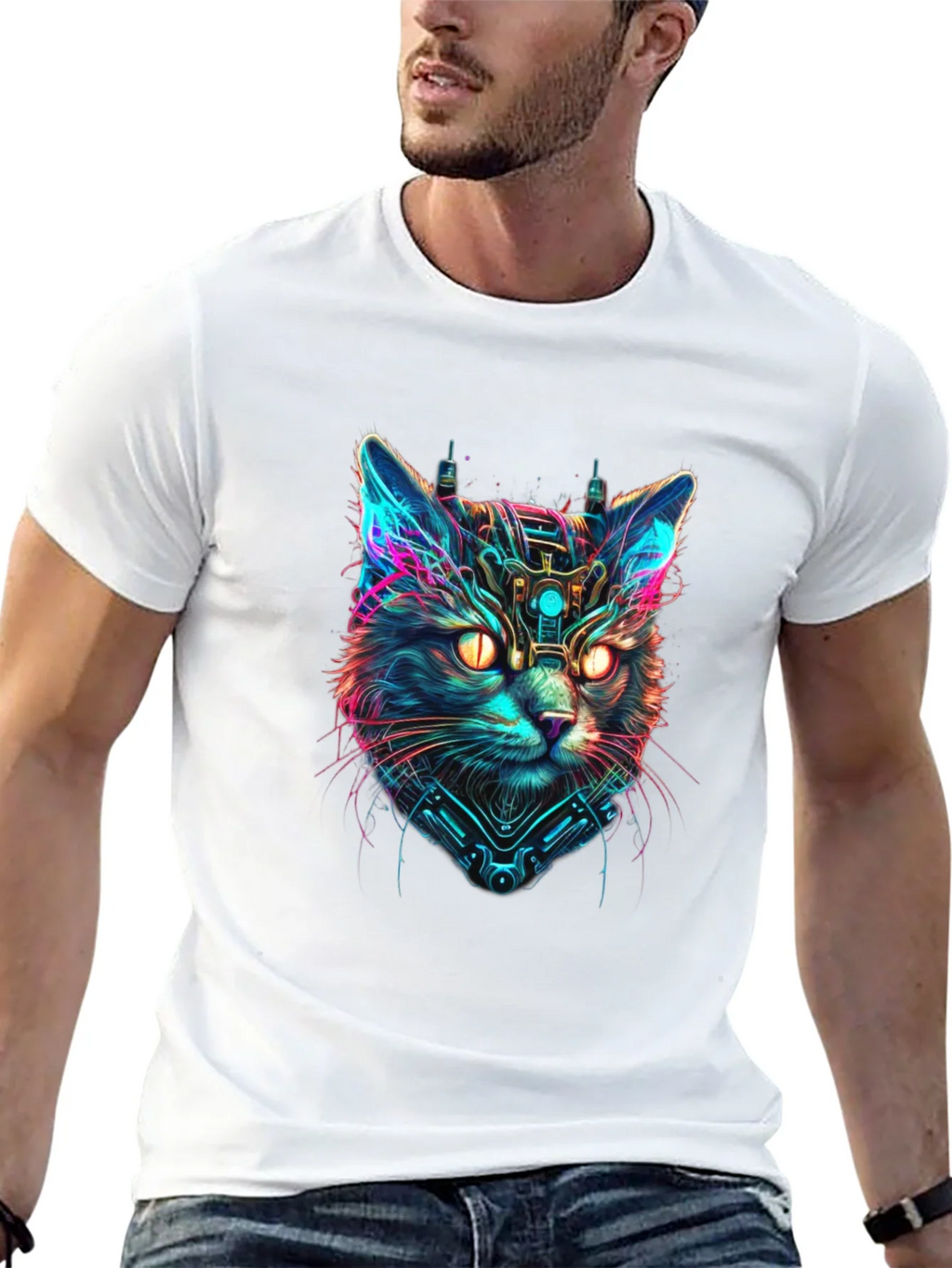 Cyberpunk Cat Graphic Black T-Shirt product image 12