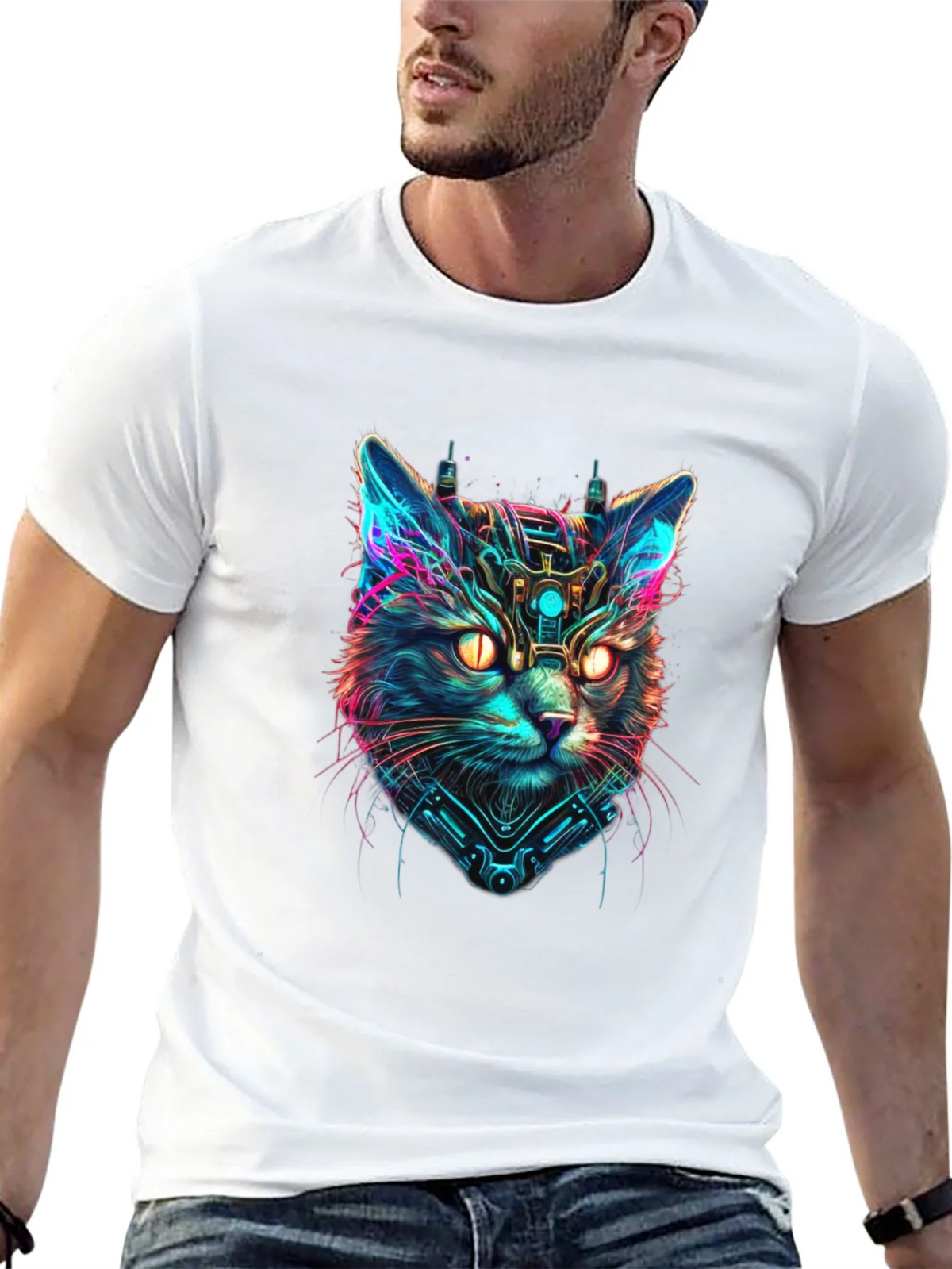 Cyberpunk Cat Graphic Black T-Shirt product image 12