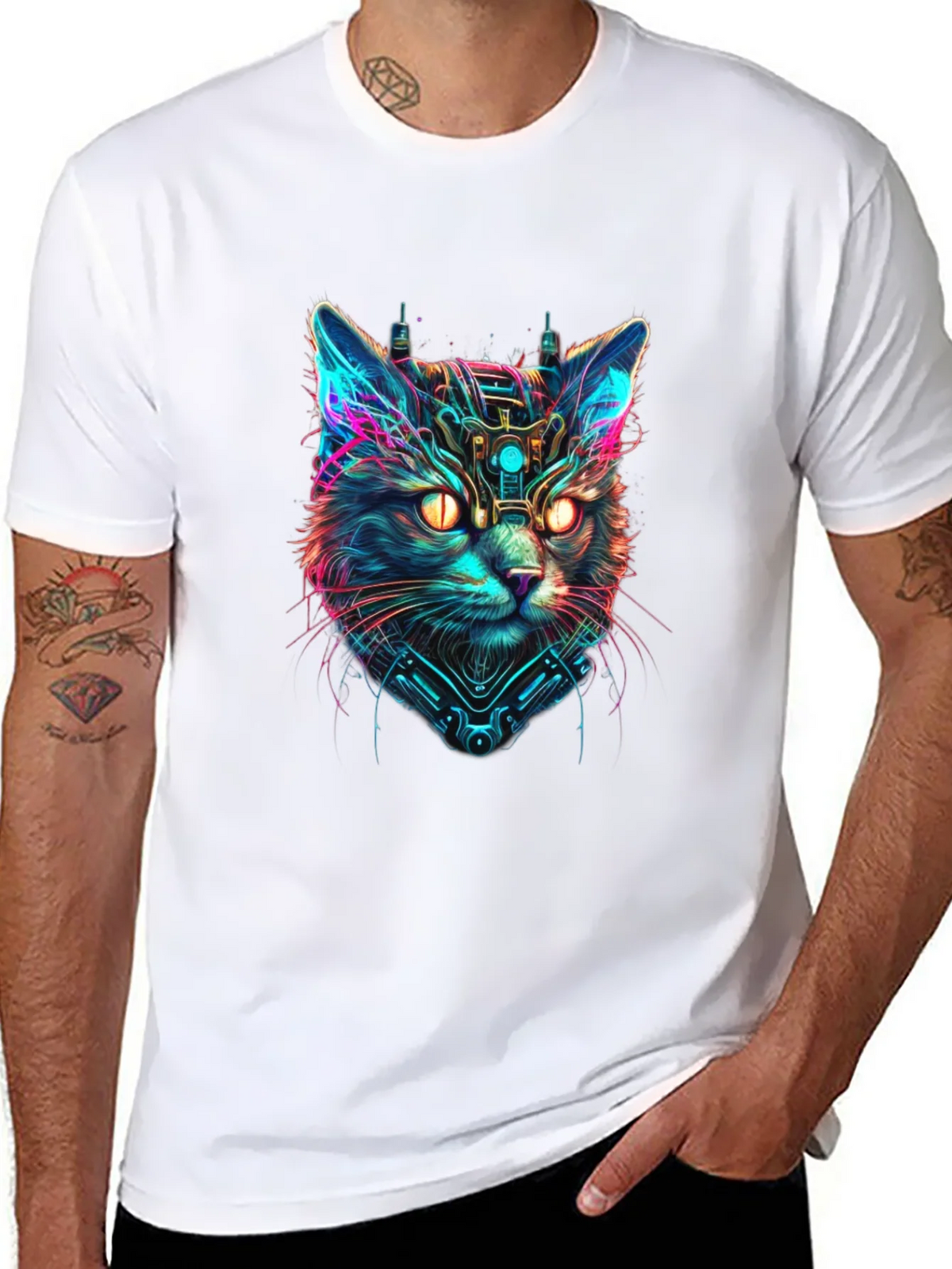Cyberpunk Cat Graphic Black T-Shirt product image 7