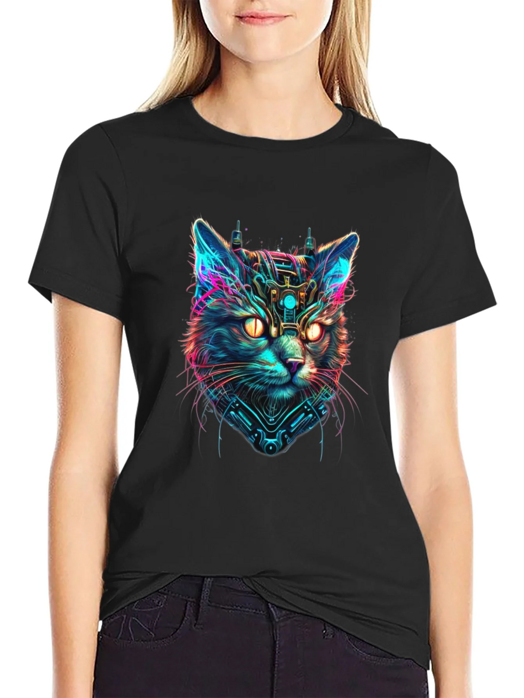 Cyberpunk Cat Graphic Black T-Shirt product image 2