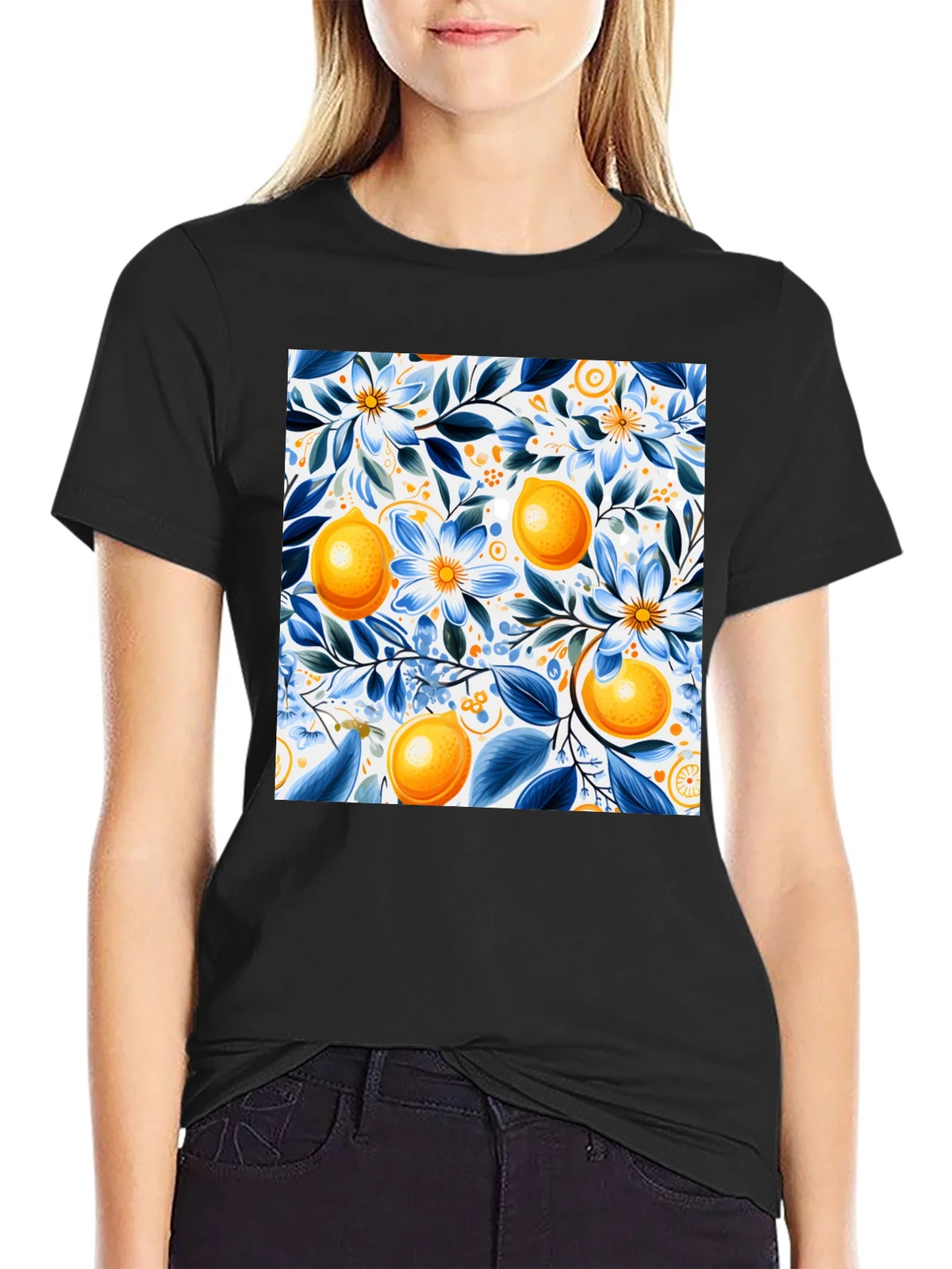 Floral Lemon Print Black T-Shirt product image 1