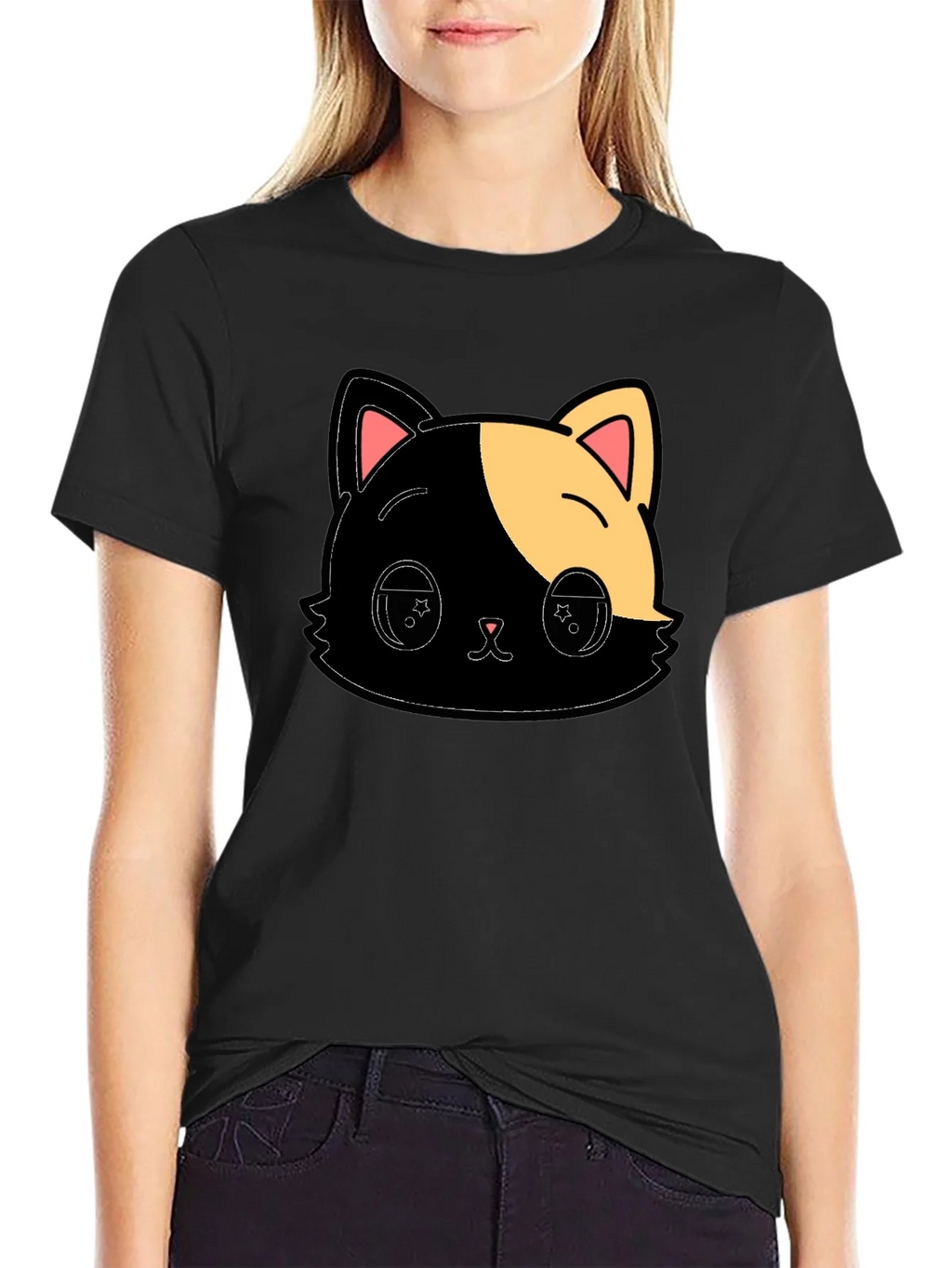 Cute Anime Cat Graphic Black T-Shirt product image 2