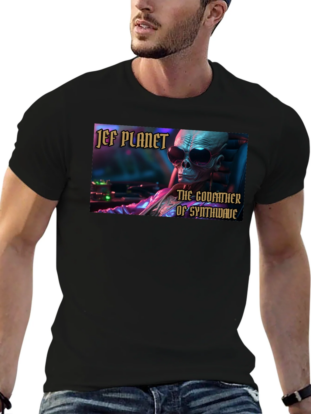 Jef Planet Godfather of Synthwave Black T-Shirt product image 3