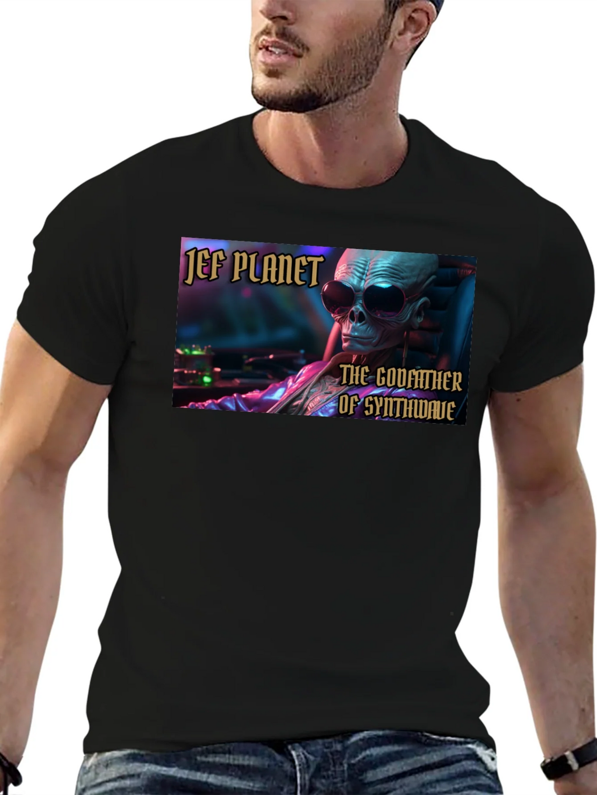Jef Planet Godfather of Synthwave Black T-Shirt product image 3