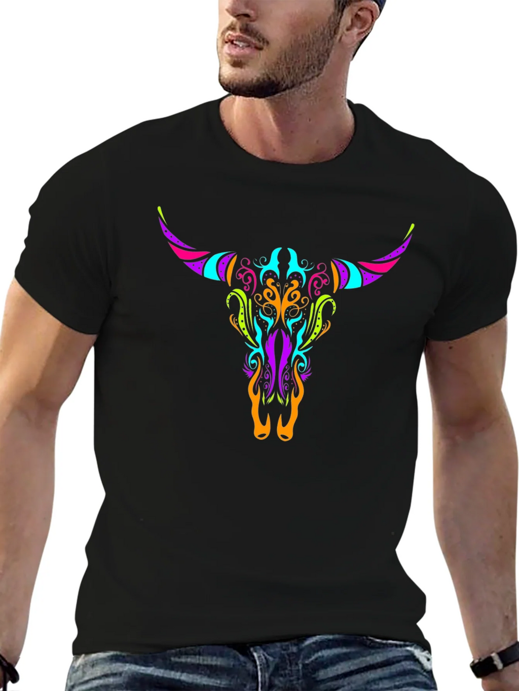 Neon Bull Skull Graphic Tee - Black product image 6