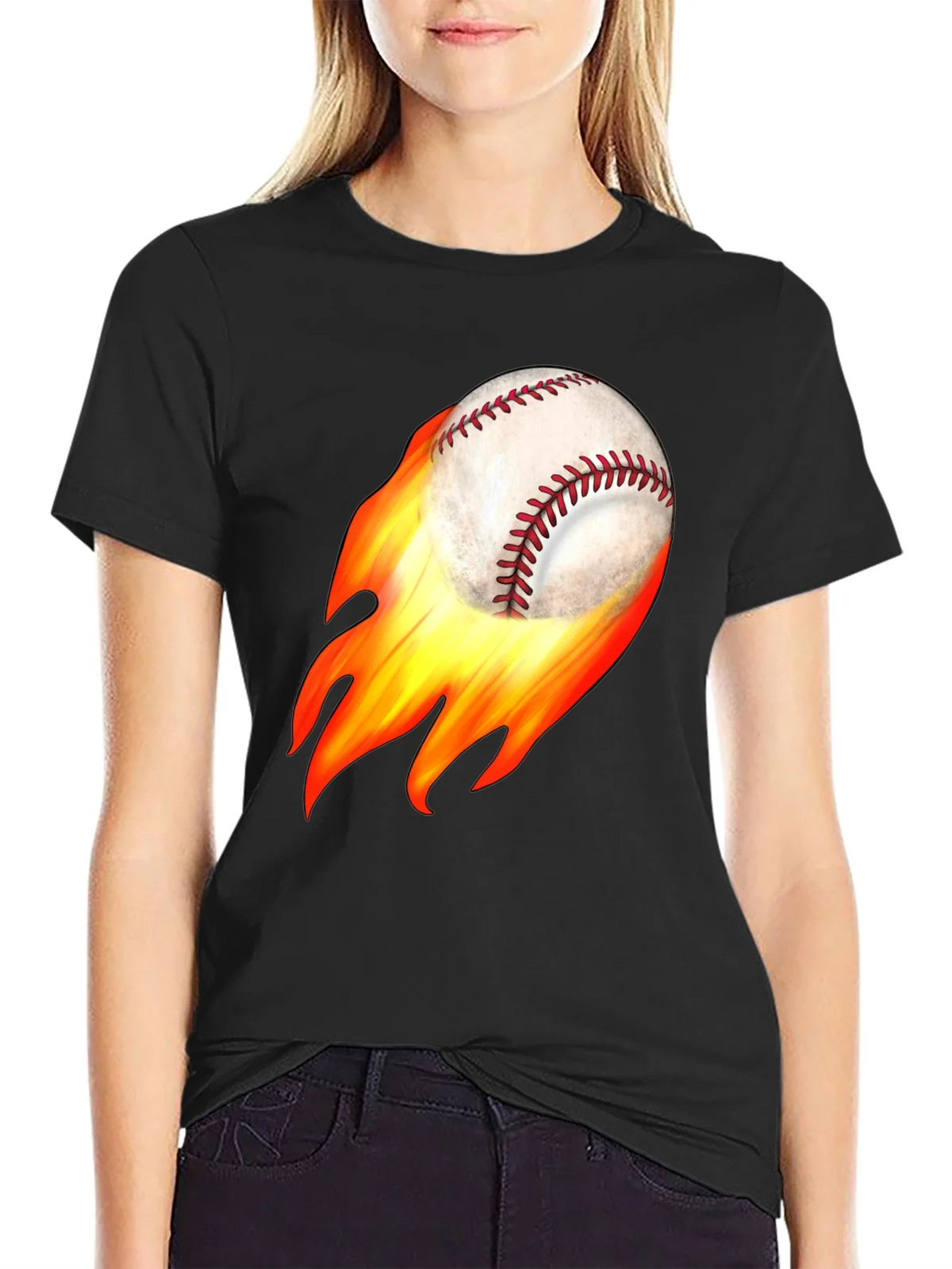 Flaming Baseball Graphic Tee - Black Cotton T-Shirt product image 2