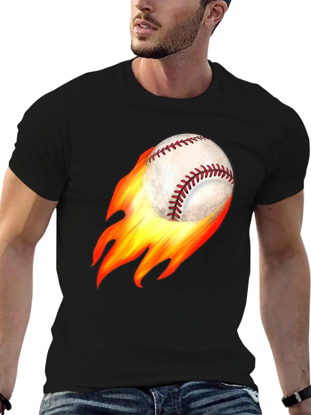 Flaming Baseball Graphic Tee - Black Cotton T-Shirt product image 6