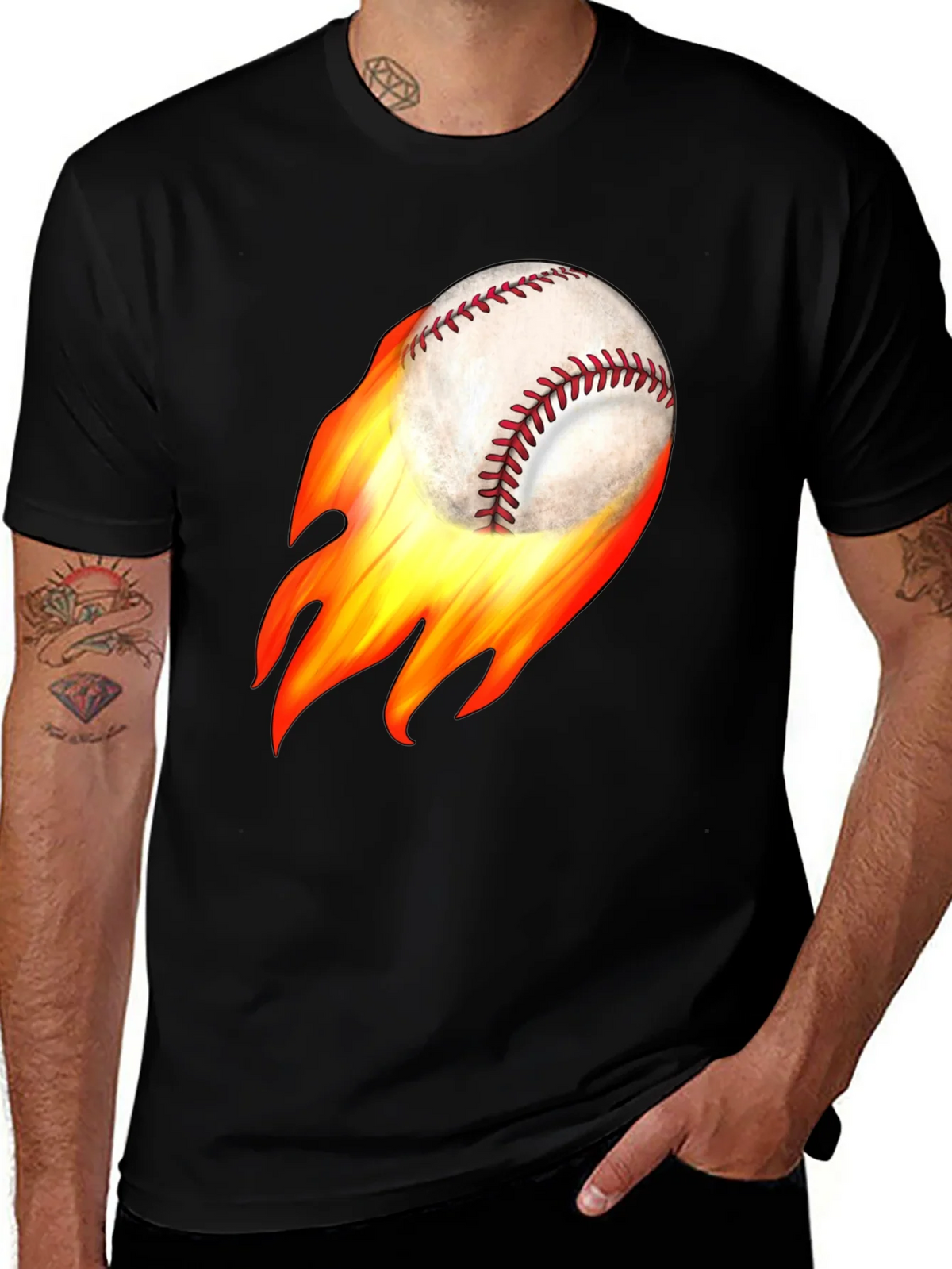 Flaming Baseball Graphic Tee - Black Cotton T-Shirt product image 1