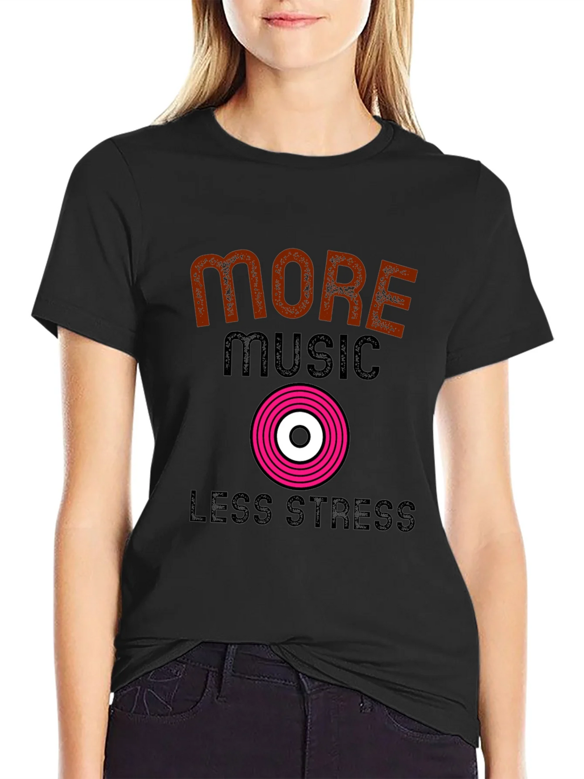 More Music Less Stress Black T-Shirt product image 2