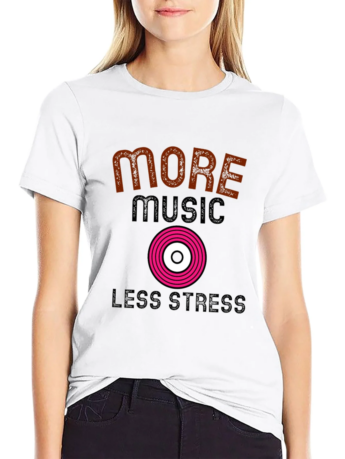 More Music Less Stress Black T-Shirt product image 8