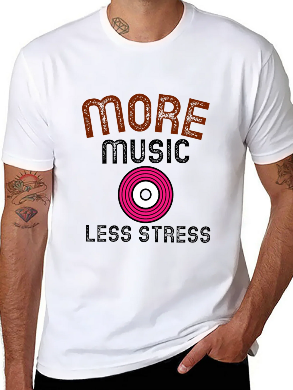 More Music Less Stress Black T-Shirt product image 7
