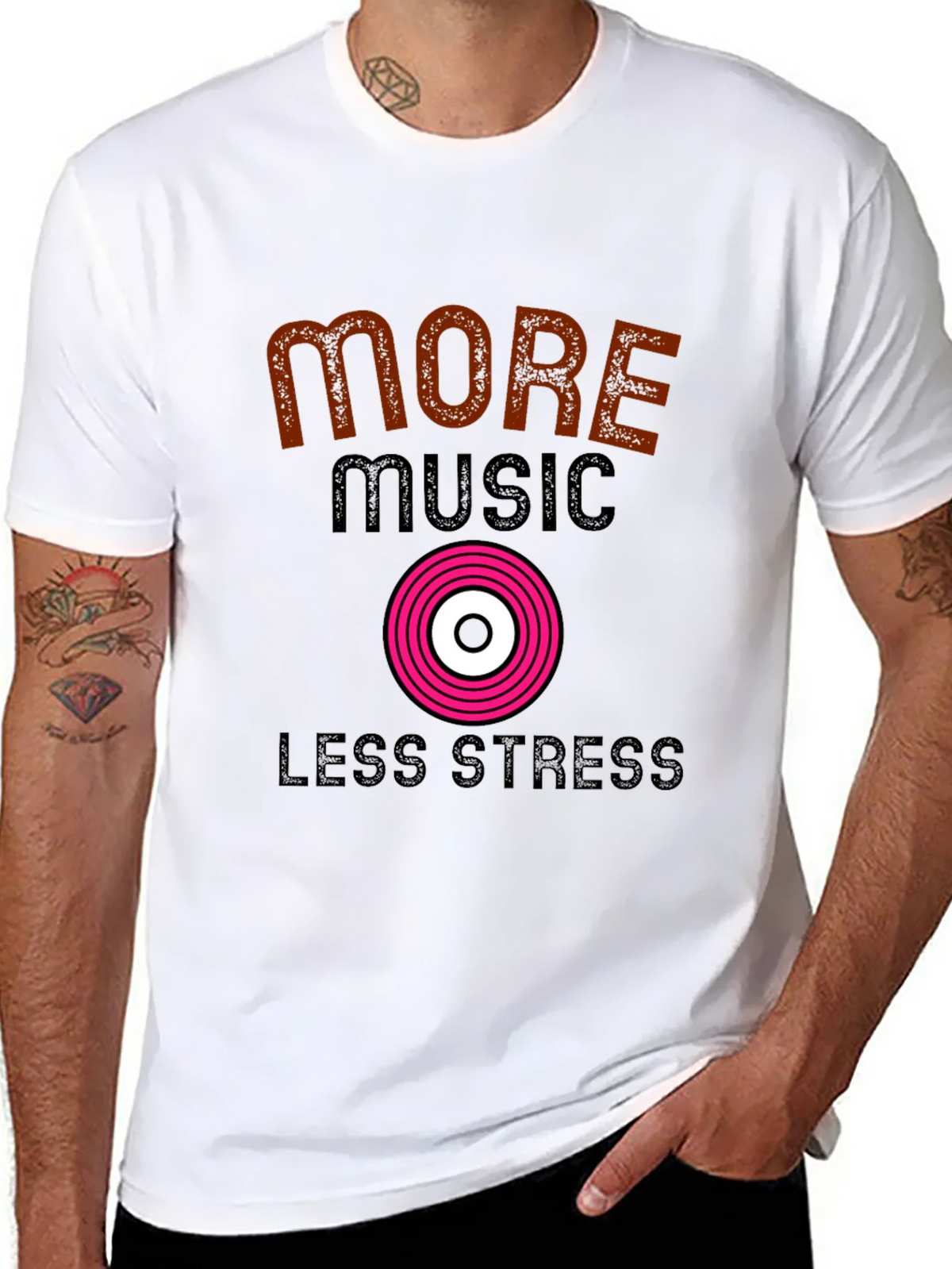 More Music Less Stress Black T-Shirt product image 7