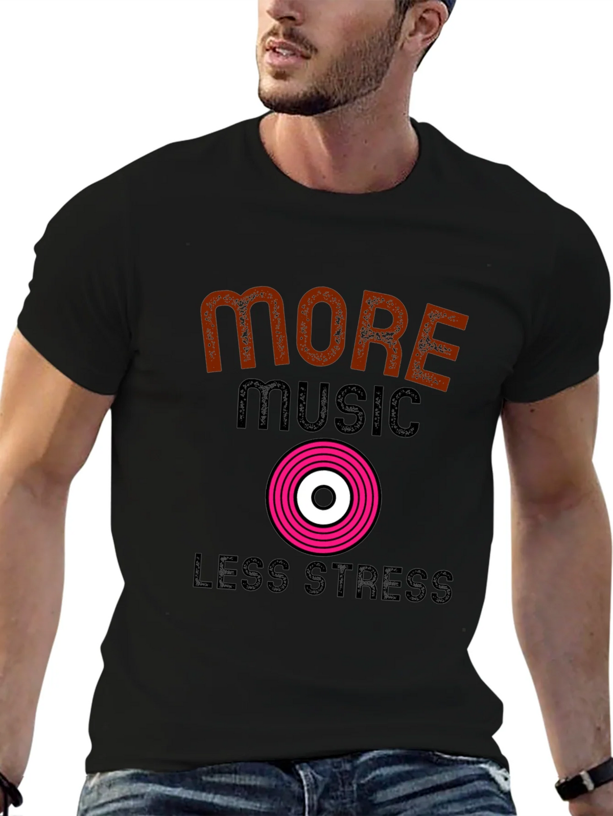 More Music Less Stress Black T-Shirt product image 6