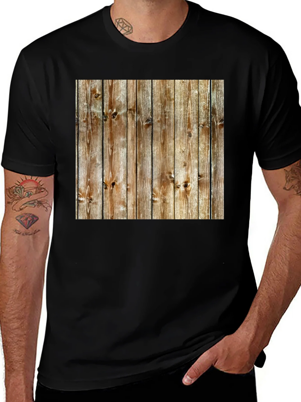 Rustic Wood Grain Print Black T-Shirt product image 1