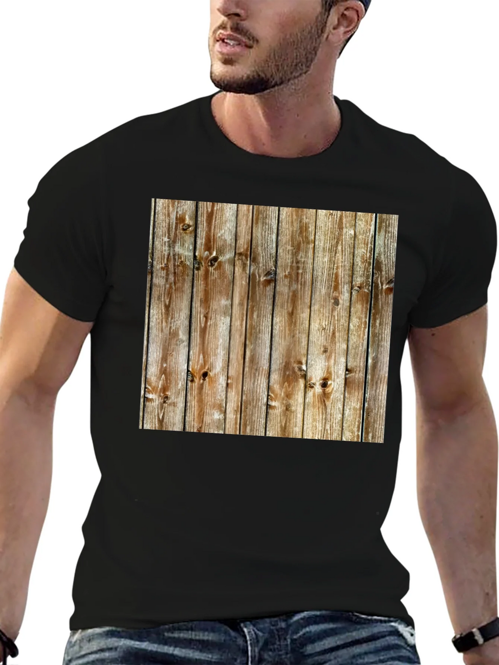 Rustic Wood Grain Print Black T-Shirt product image 6