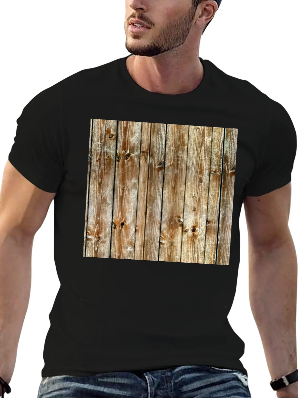 Rustic Wood Grain Print Black T-Shirt product image 6
