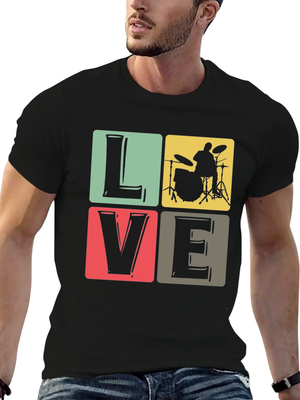 Love Music Drummer T-Shirt Black Crew Neck product image 5