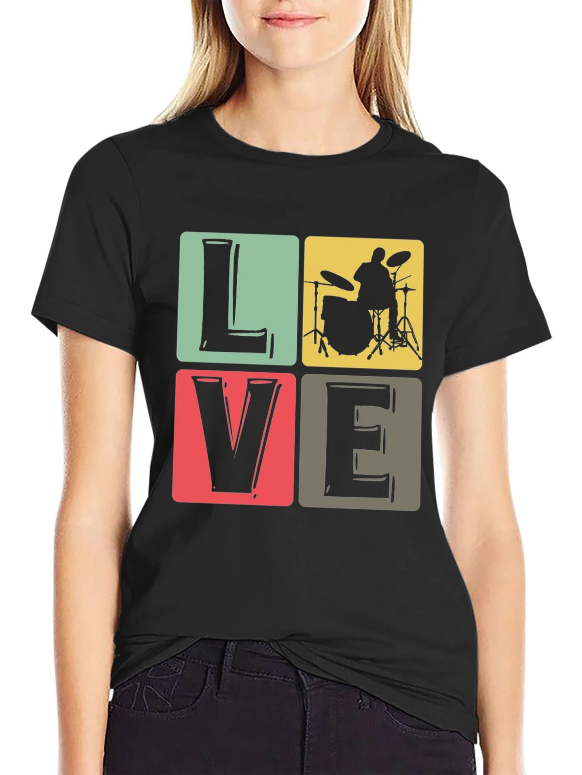 Love Music Drummer T-Shirt Black Crew Neck product image 2